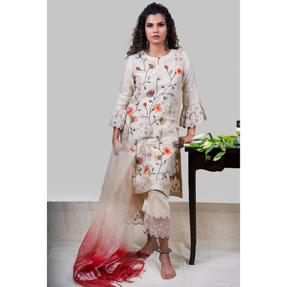 Finethreads by Hina & Nikhat Womens Off White Kurta Pant with and Dupatta and Inner