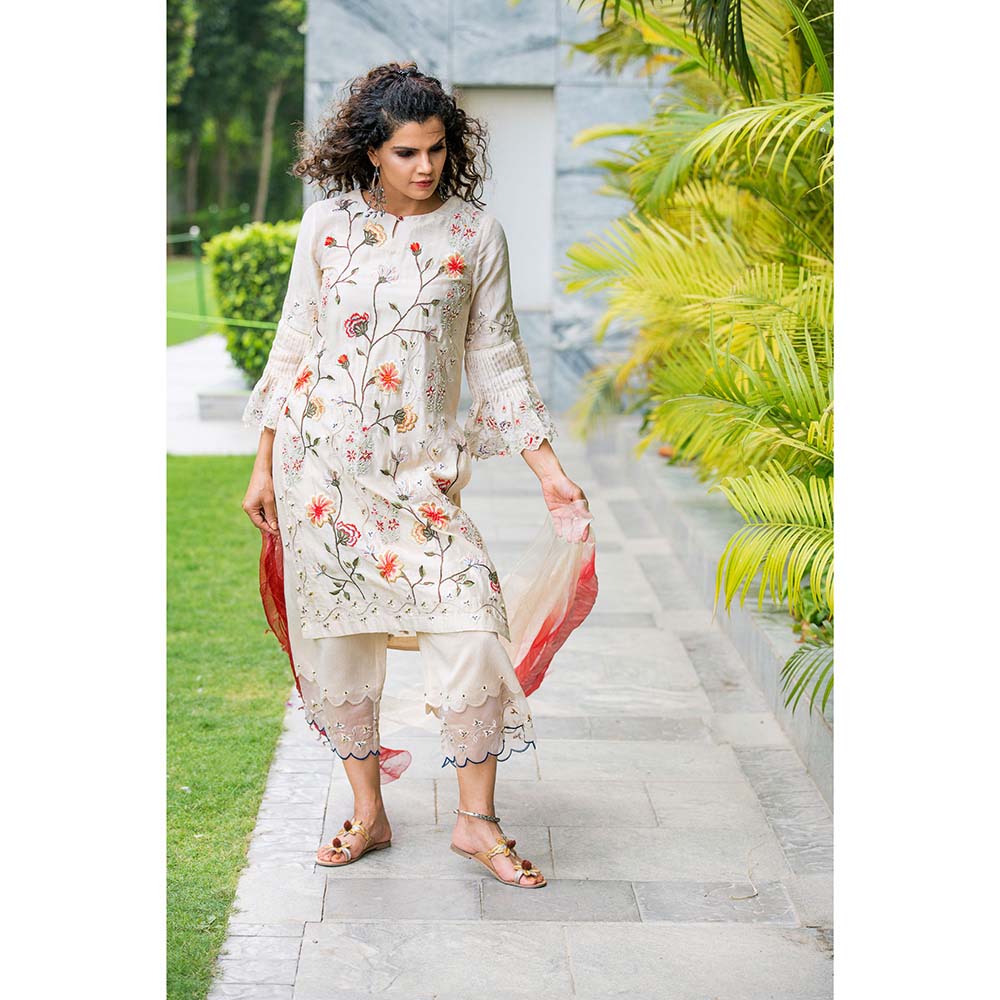 Finethreads by Hina & Nikhat Womens Off White Kurta Pant with and Dupatta and Inner
