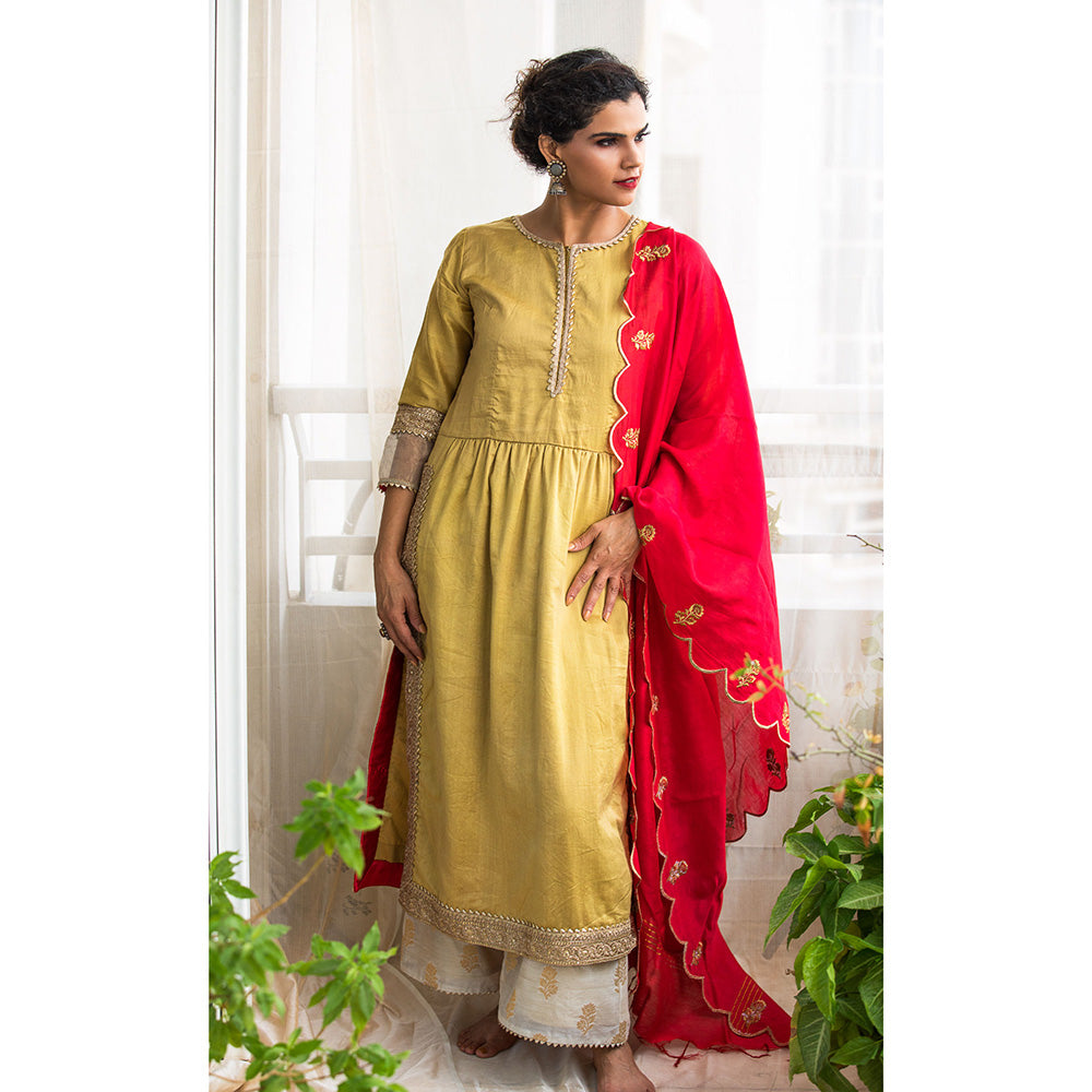 Finethreads by Hina & Nikhat Womens Embroidered Mustard Kurta with Palazzo and Dupatta