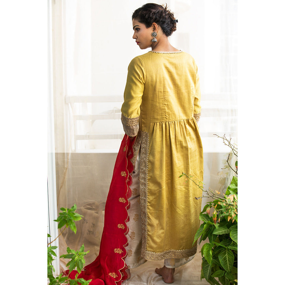 Finethreads by Hina & Nikhat Womens Embroidered Mustard Kurta with Palazzo and Dupatta