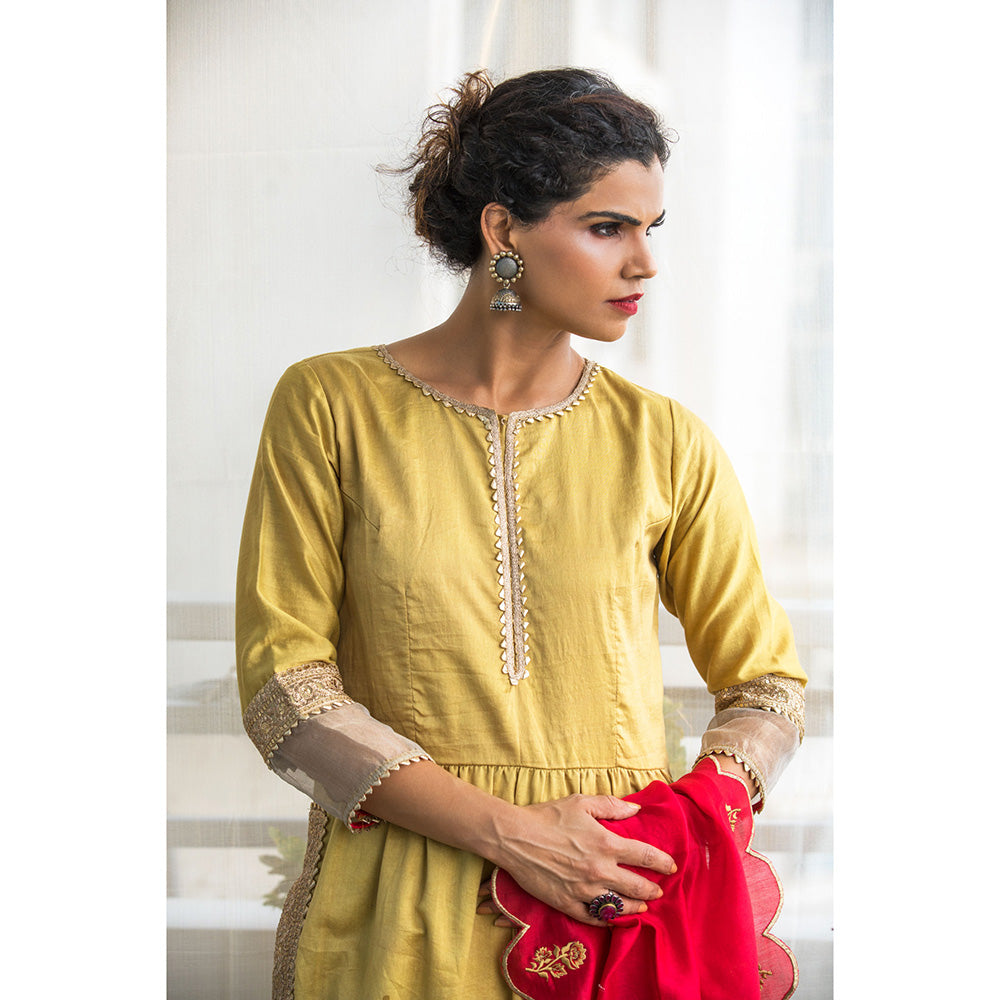 Finethreads by Hina & Nikhat Womens Embroidered Mustard Kurta with Palazzo and Dupatta