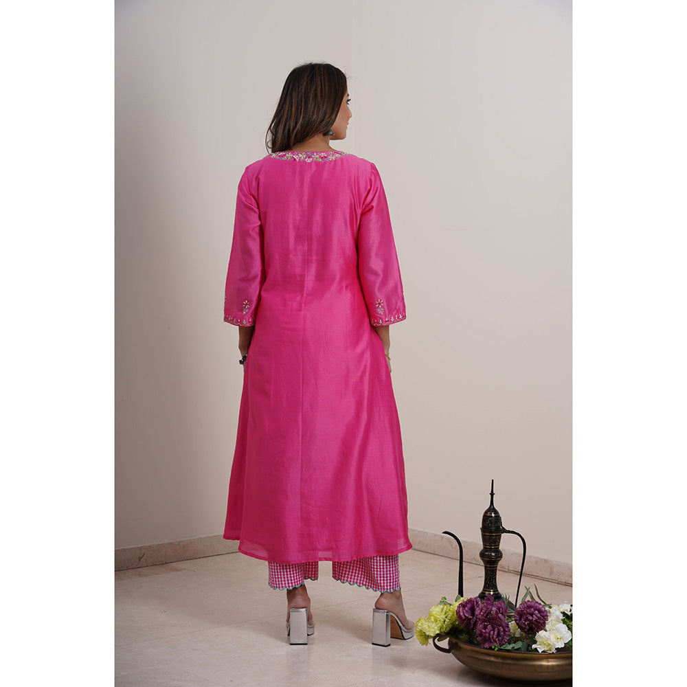 Finethreads by Hina & Nikhat Womens Embroidered Pink Kurta with Palazzo and Dupatta