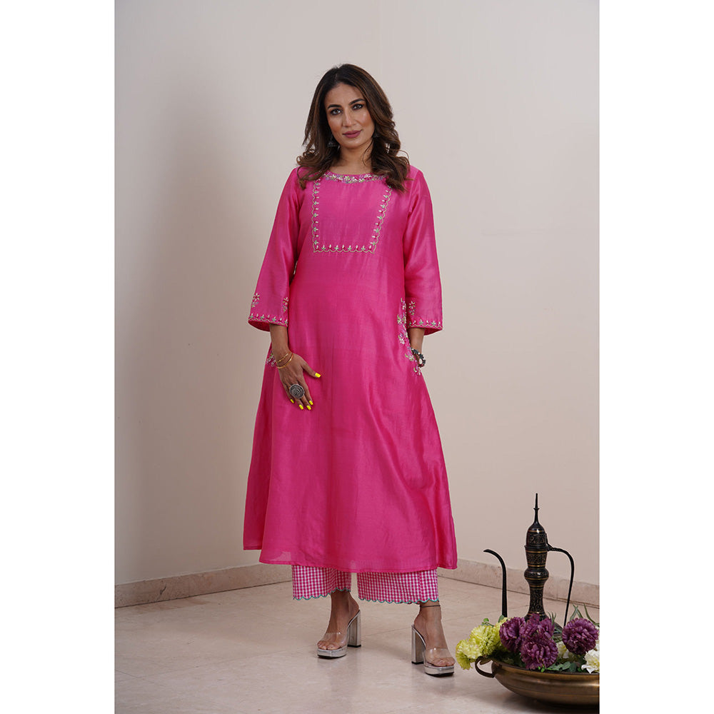 Finethreads by Hina & Nikhat Womens Embroidered Pink Kurta with Palazzo and Dupatta
