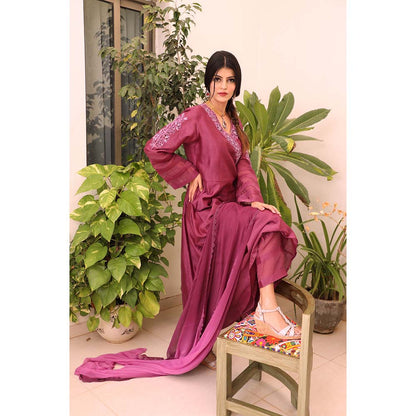 Finethreads by Hina & Nikhat Womens Embroidered Purple Angrakha Kurta with Pant and Dupatta