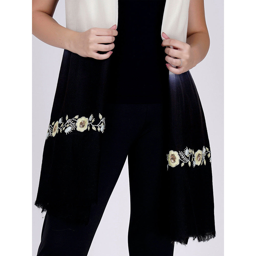 First Resort by Ramola Bachchan White And Navy Blue Hand Embroidered Colour Block Scarf