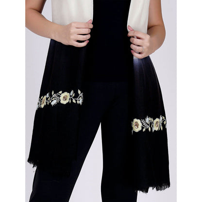First Resort by Ramola Bachchan White And Navy Blue Hand Embroidered Colour Block Scarf