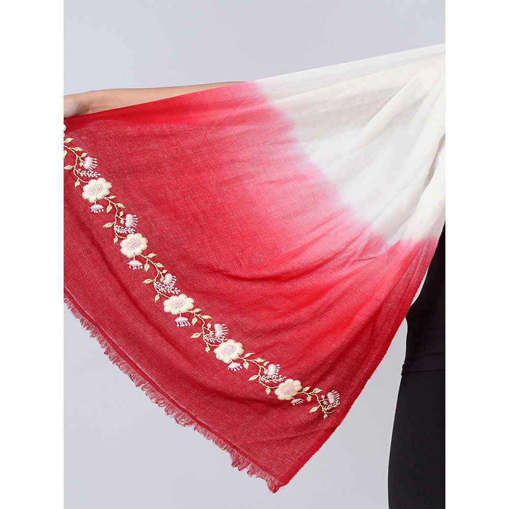 First Resort by Ramola Bachchan White And Maroon Hand Embroidered Colour Block Scarf