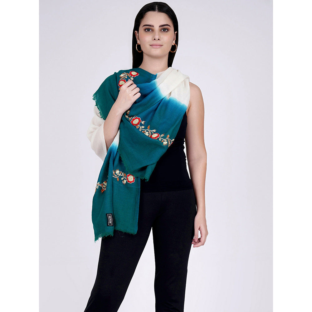 First Resort by Ramola Bachchan White And Teal Green Hand Embroidered Colour Block Scarf