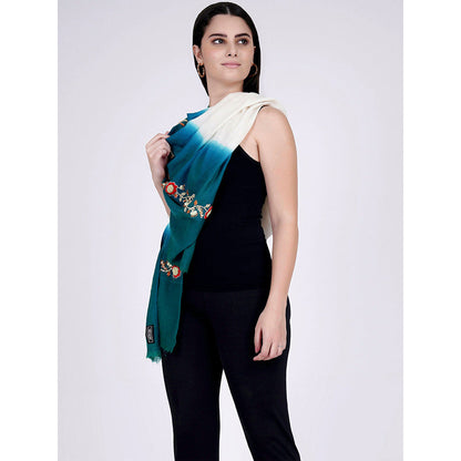 First Resort by Ramola Bachchan White And Teal Green Hand Embroidered Colour Block Scarf