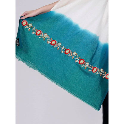 First Resort by Ramola Bachchan White And Teal Green Hand Embroidered Colour Block Scarf
