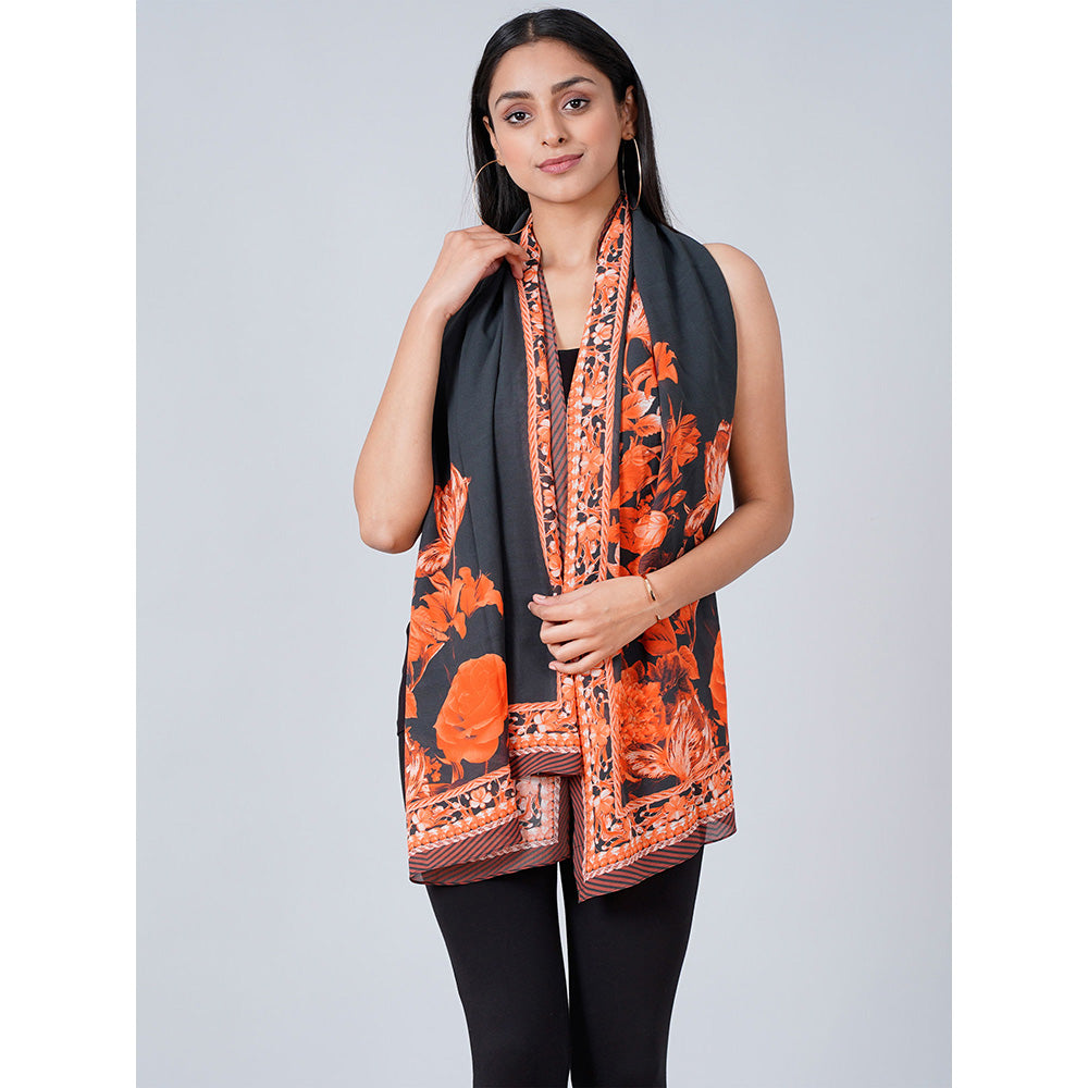 First Resort by Ramola Bachchan Black And Red Floral Stole