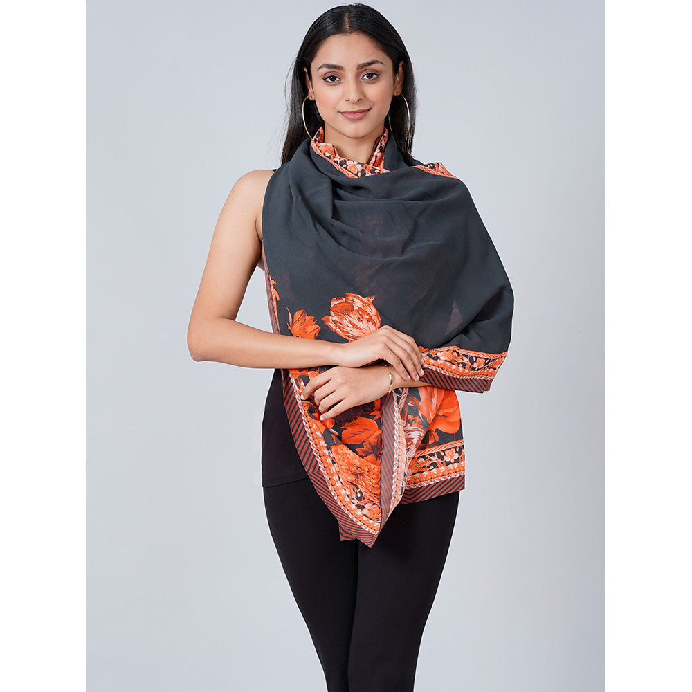 First Resort by Ramola Bachchan Black And Red Floral Stole
