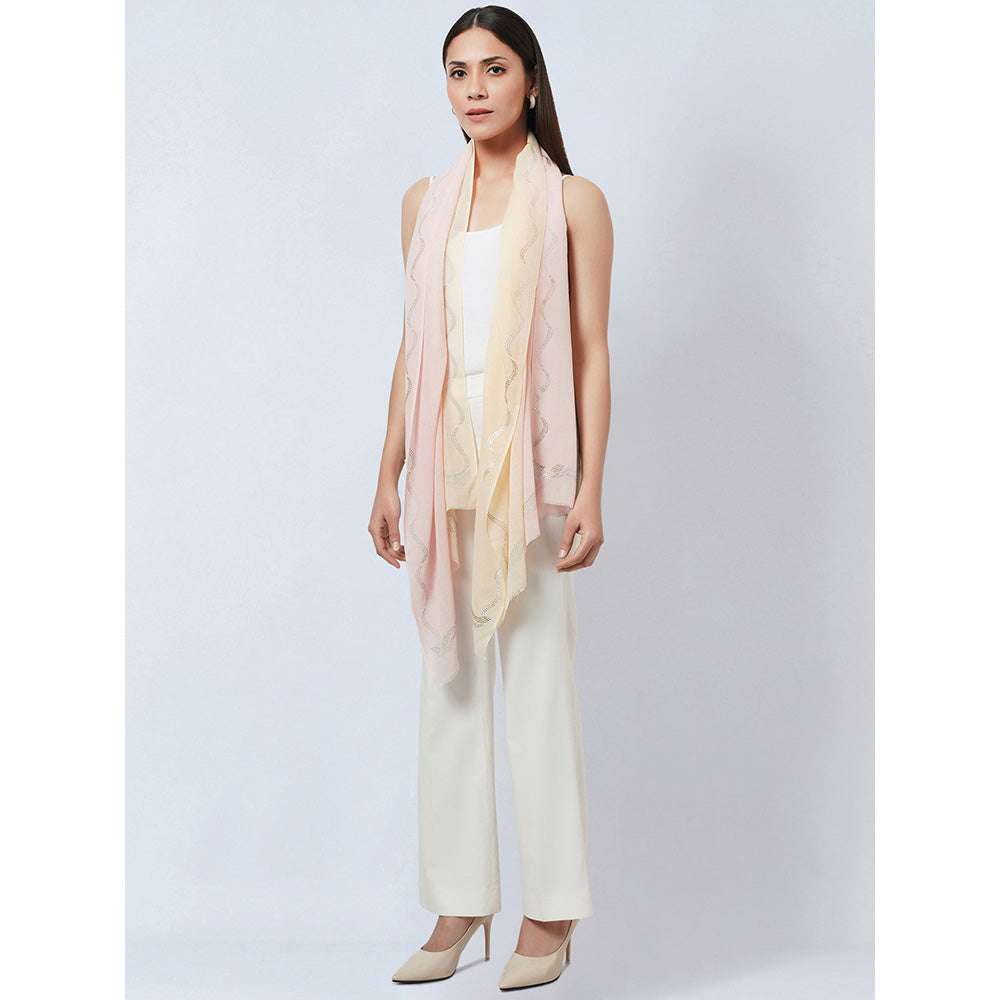 First Resort by Ramola Bachchan Peach and Cream Ombre Embellished Cashmere Stole