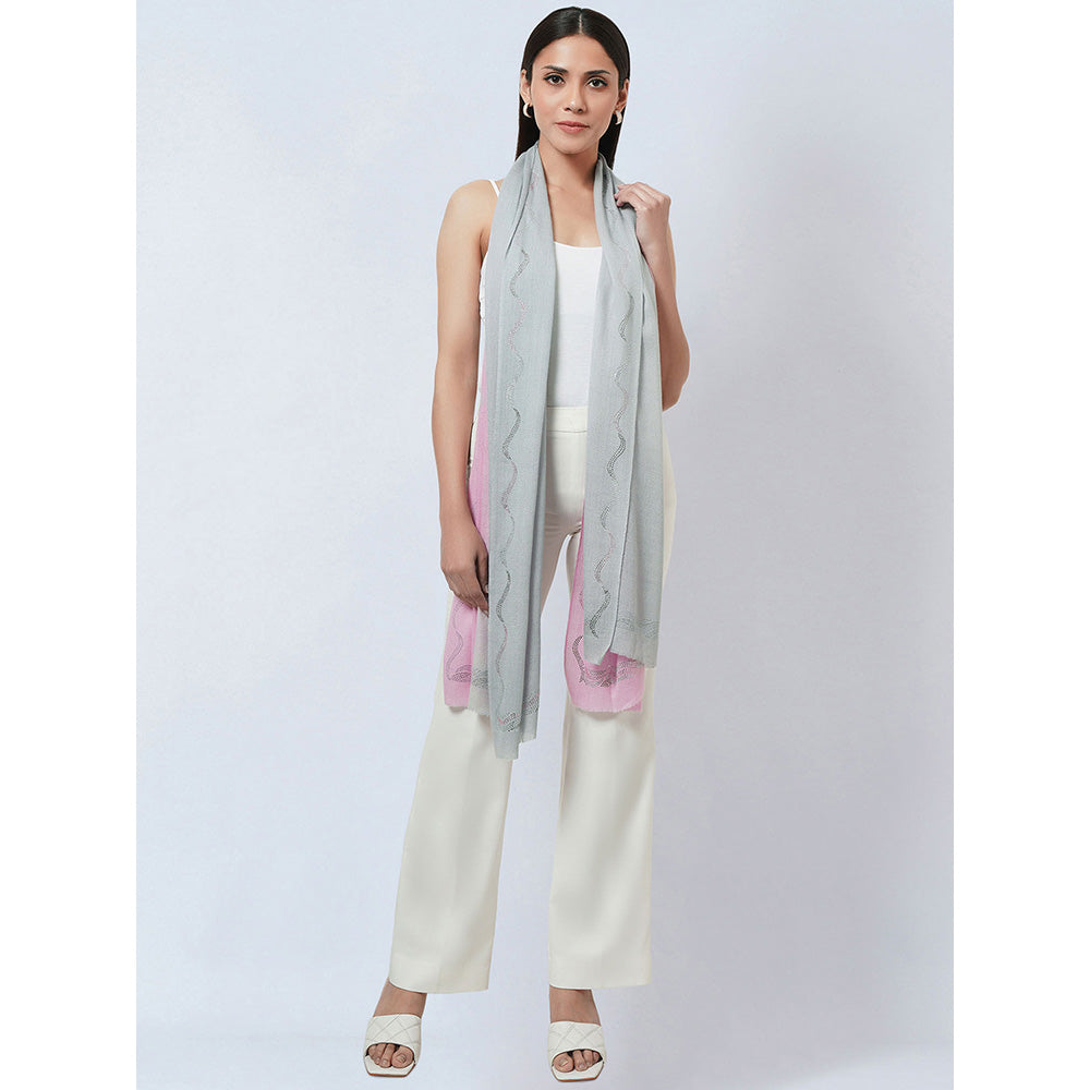 First Resort by Ramola Bachchan Pink and Grey Ombre Embellished Cashmere Stole
