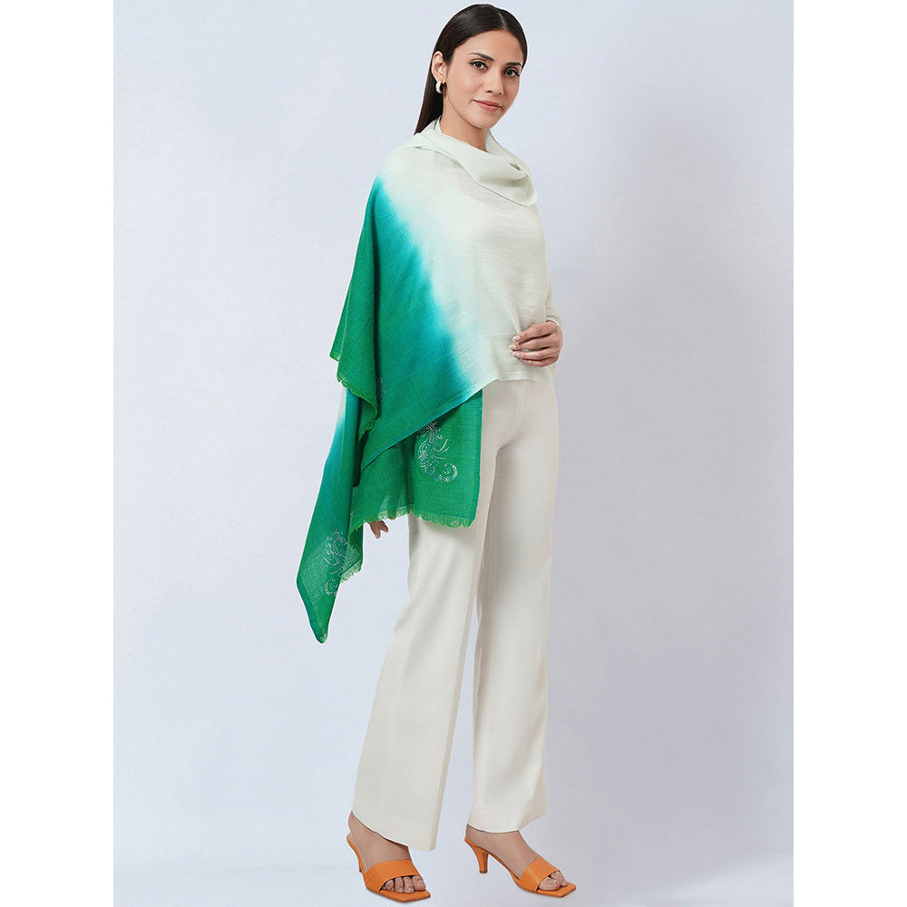 First Resort by Ramola Bachchan Cream and Sea Green Ombre Embellished Cashmere Stole