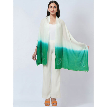 First Resort by Ramola Bachchan Cream and Sea Green Ombre Embellished Cashmere Stole