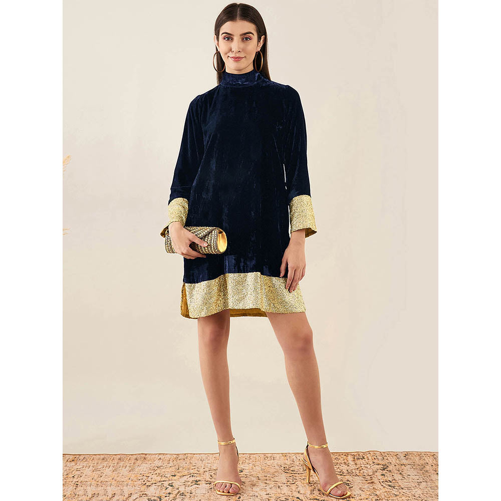 First Resort by Ramola Bachchan Blue Silk Velvet Dress with Gold Sequin Border