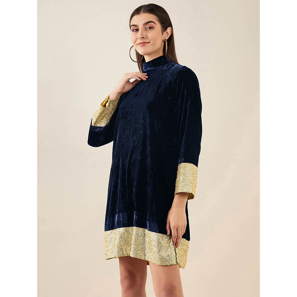 First Resort by Ramola Bachchan Blue Silk Velvet Dress with Gold Sequin Border