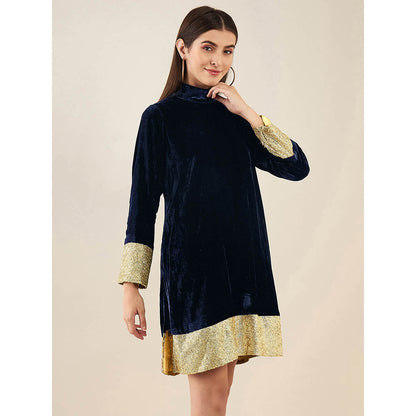 First Resort by Ramola Bachchan Blue Silk Velvet Dress with Gold Sequin Border