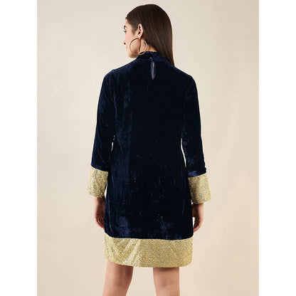 First Resort by Ramola Bachchan Blue Silk Velvet Dress with Gold Sequin Border
