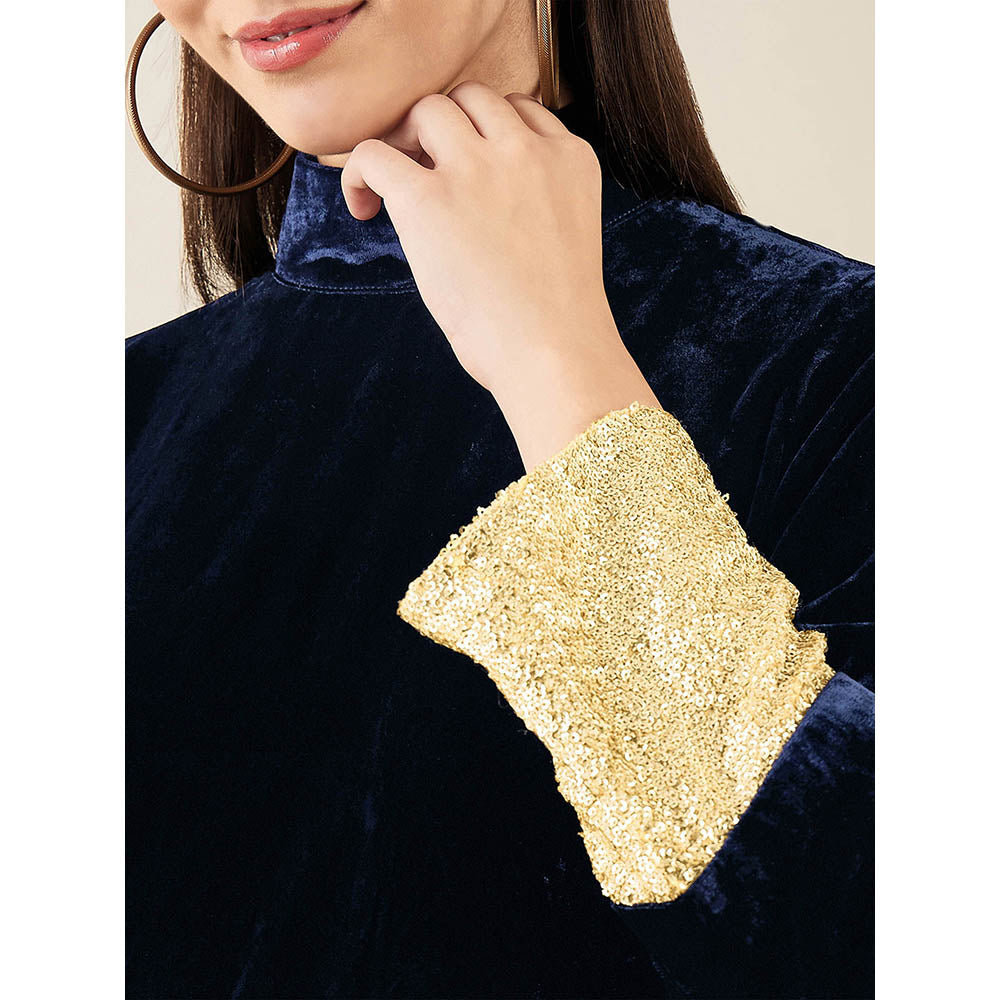 First Resort by Ramola Bachchan Blue Silk Velvet Dress with Gold Sequin Border