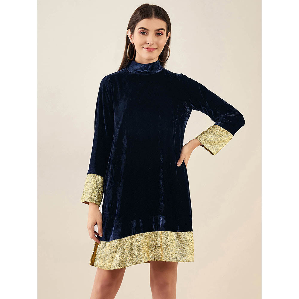First Resort by Ramola Bachchan Blue Silk Velvet Dress with Gold Sequin Border