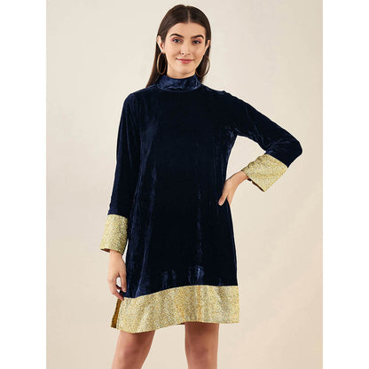 First Resort by Ramola Bachchan Blue Silk Velvet Dress with Gold Sequin Border