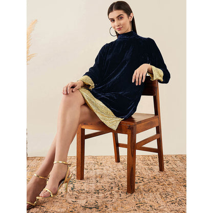 First Resort by Ramola Bachchan Blue Silk Velvet Dress with Gold Sequin Border