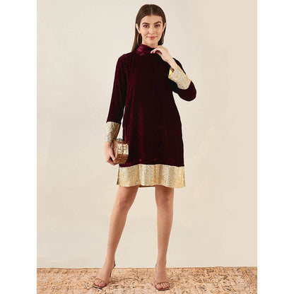 First Resort by Ramola Bachchan Maroon Silk Velvet Dress with Gold Sequin Border