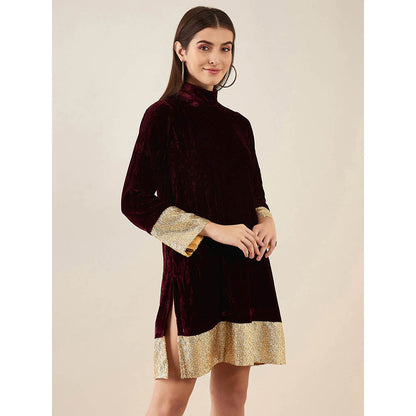 First Resort by Ramola Bachchan Maroon Silk Velvet Dress with Gold Sequin Border