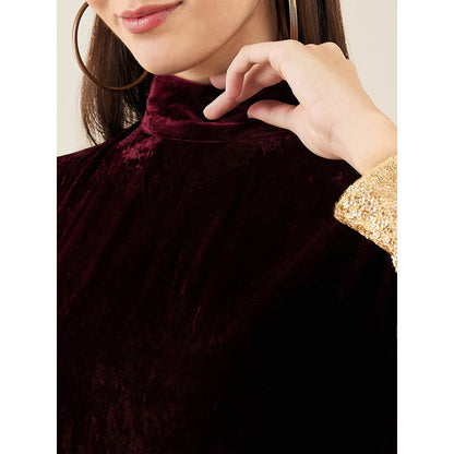 First Resort by Ramola Bachchan Maroon Silk Velvet Dress with Gold Sequin Border