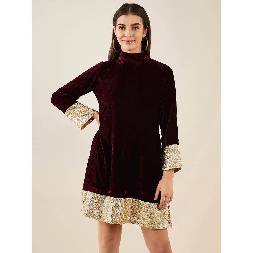 First Resort by Ramola Bachchan Maroon Silk Velvet Dress with Gold Sequin Border