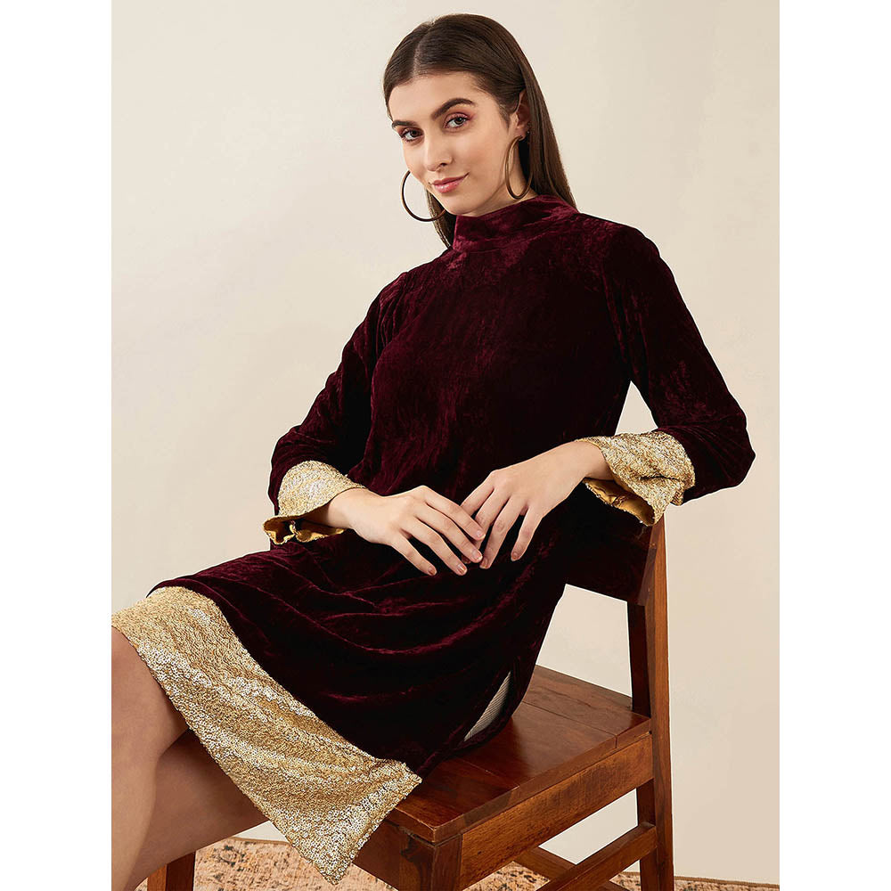 First Resort by Ramola Bachchan Maroon Silk Velvet Dress with Gold Sequin Border
