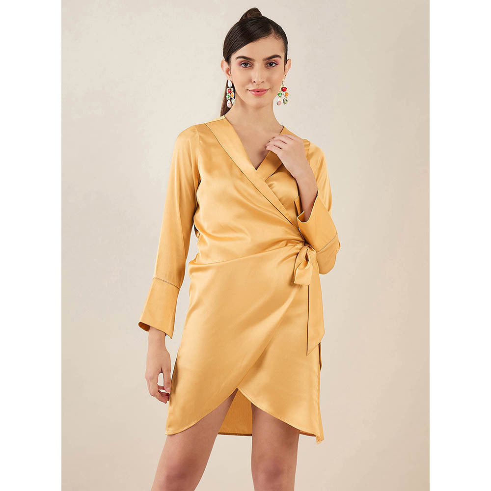 First Resort by Ramola Bachchan Gold Wrap Around Embellished Satin Short Dress