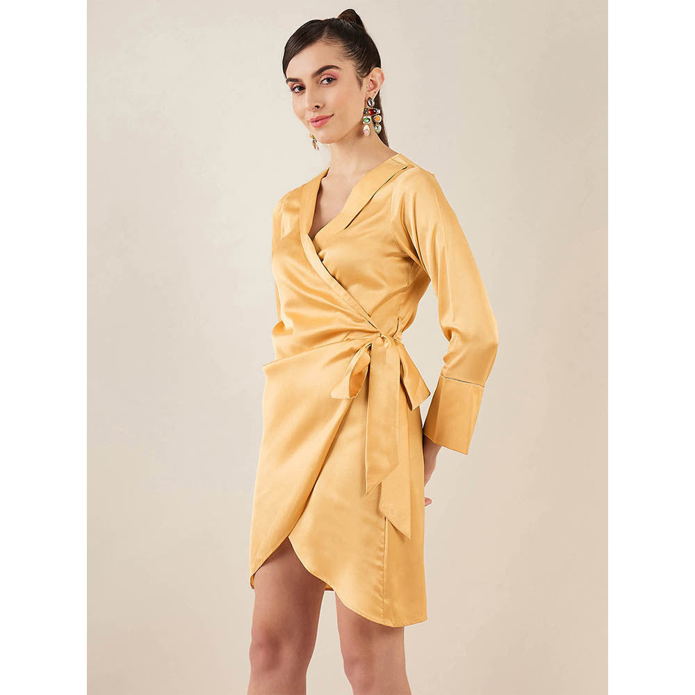 First Resort by Ramola Bachchan Gold Wrap Around Embellished Satin Short Dress
