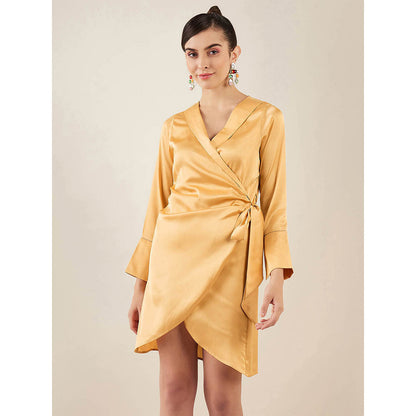 First Resort by Ramola Bachchan Gold Wrap Around Embellished Satin Short Dress