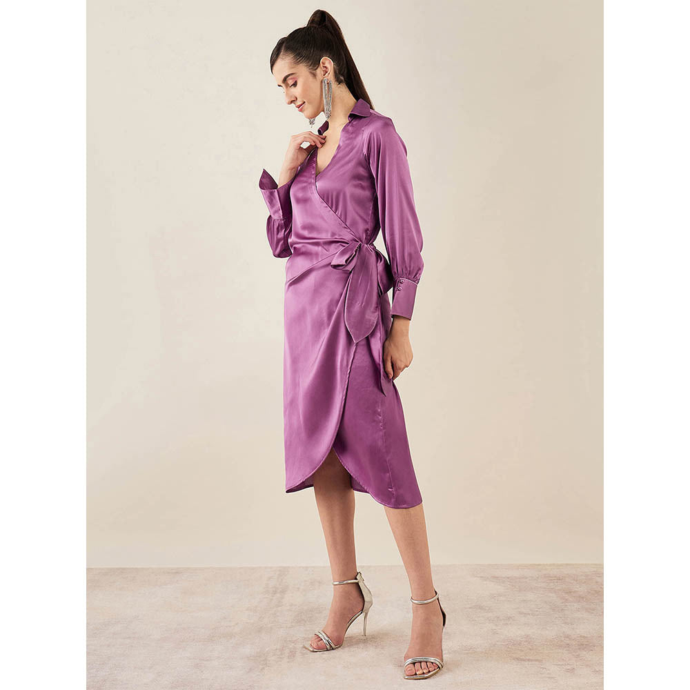First Resort by Ramola Bachchan Lilac Wrap Around Embellished Satin Mid Length Dress
