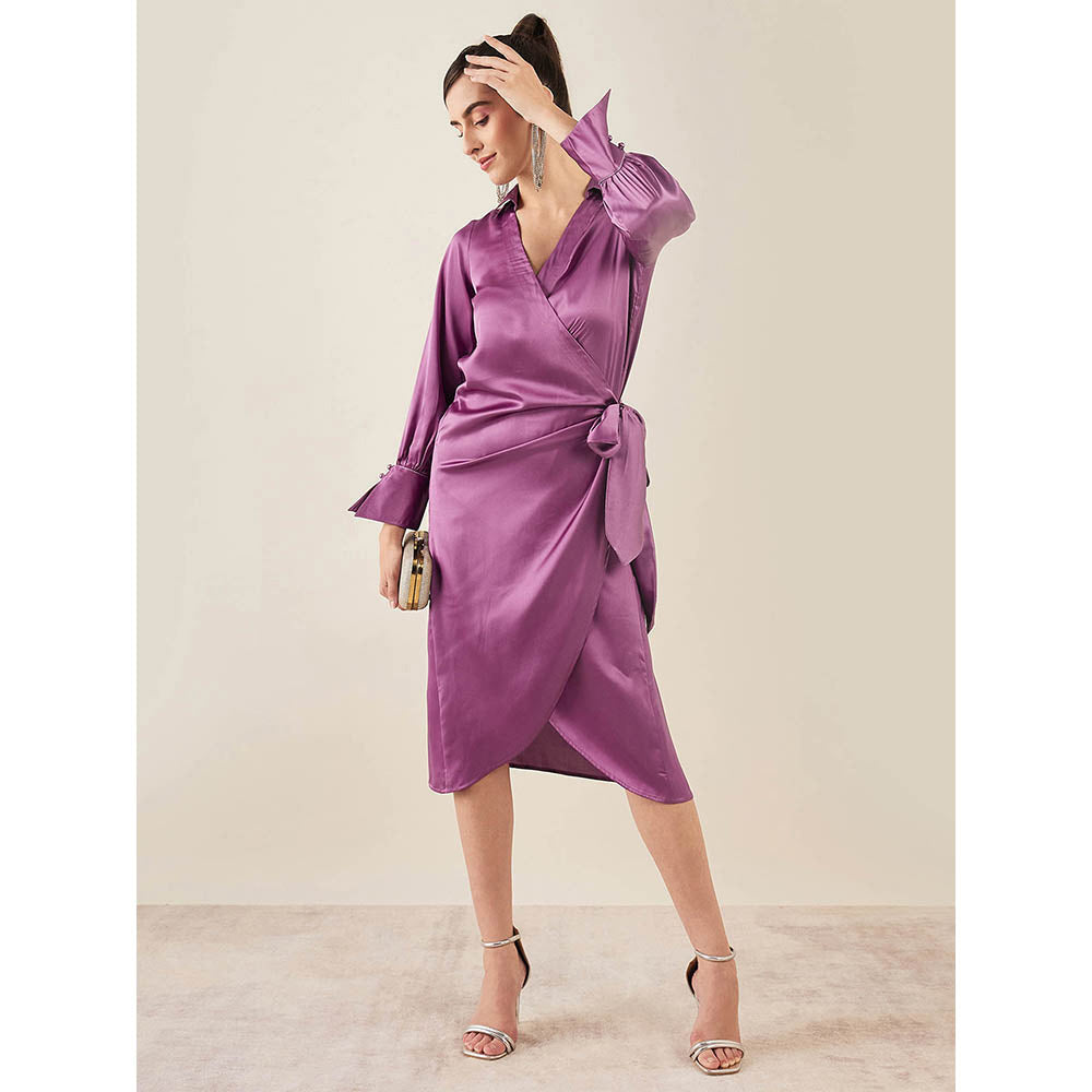 First Resort by Ramola Bachchan Lilac Wrap Around Embellished Satin Mid Length Dress