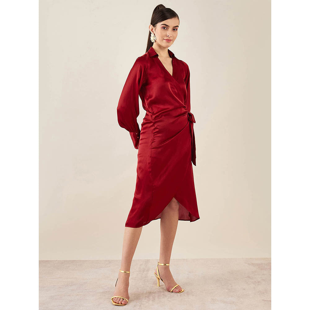 First Resort by Ramola Bachchan Maroon Wrap Around Embellished Satin Mid Length Dress