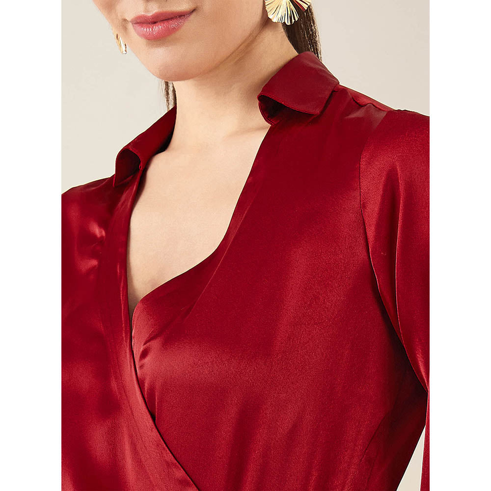 First Resort by Ramola Bachchan Maroon Wrap Around Embellished Satin Mid Length Dress