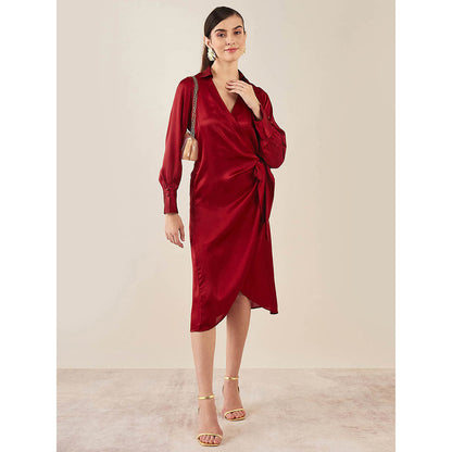 First Resort by Ramola Bachchan Maroon Wrap Around Embellished Satin Mid Length Dress