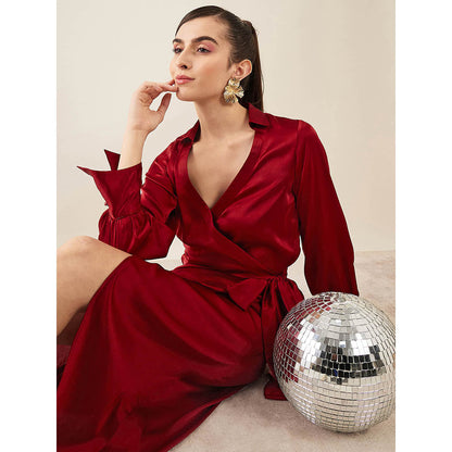 First Resort by Ramola Bachchan Maroon Wrap Around Embellished Satin Mid Length Dress