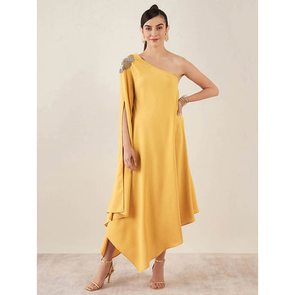 First Resort by Ramola Bachchan Mustard One-Shoulder Crystal Embroidered Dress
