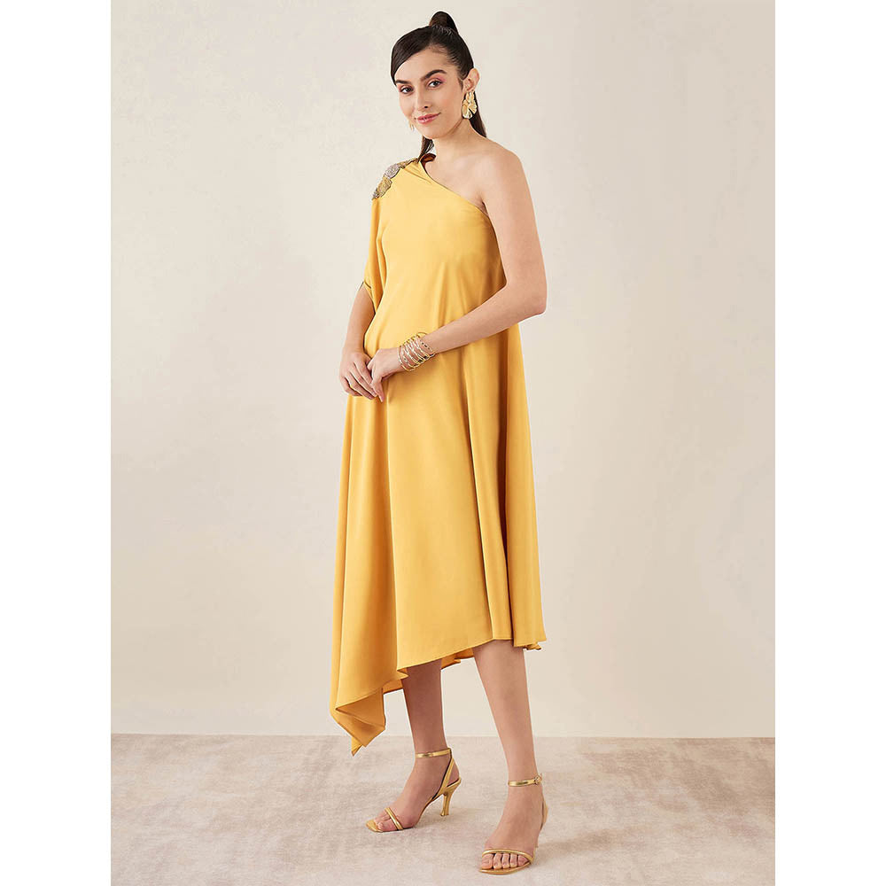 First Resort by Ramola Bachchan Mustard One-Shoulder Crystal Embroidered Dress