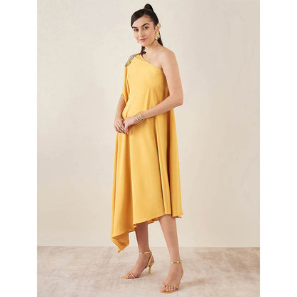 First Resort by Ramola Bachchan Mustard One-Shoulder Crystal Embroidered Dress
