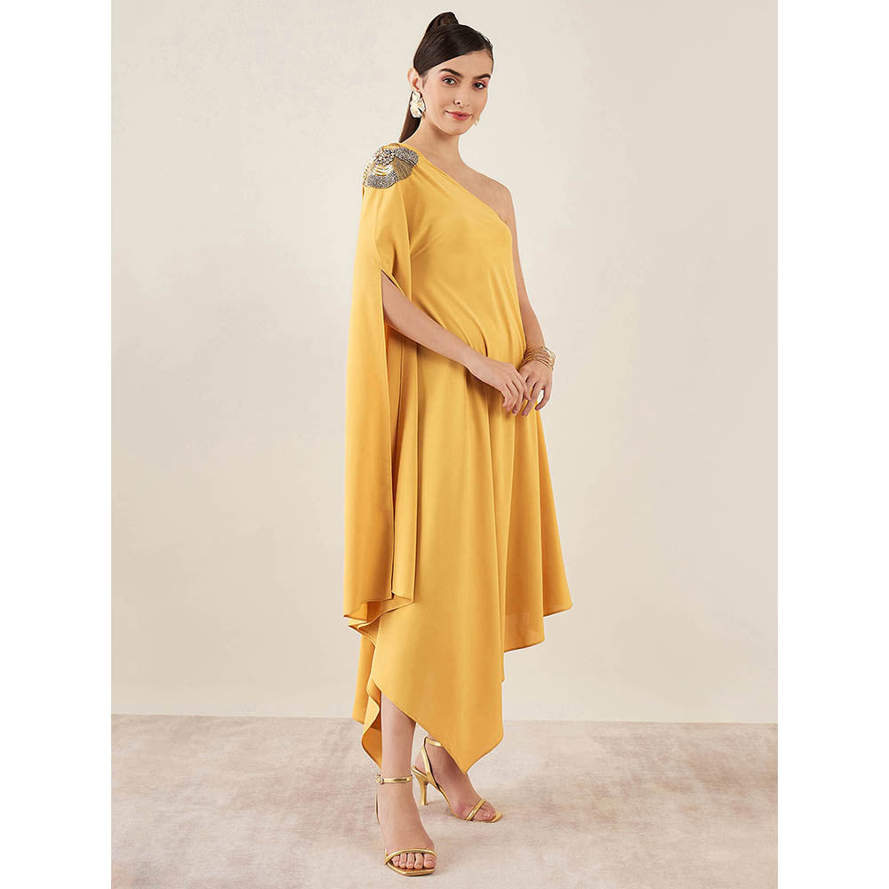 First Resort by Ramola Bachchan Mustard One-Shoulder Crystal Embroidered Dress