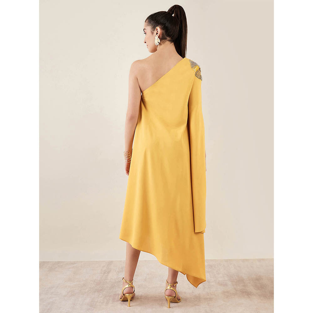 First Resort by Ramola Bachchan Mustard One-Shoulder Crystal Embroidered Dress