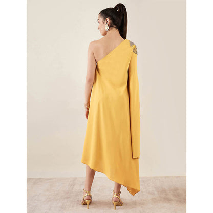 First Resort by Ramola Bachchan Mustard One-Shoulder Crystal Embroidered Dress