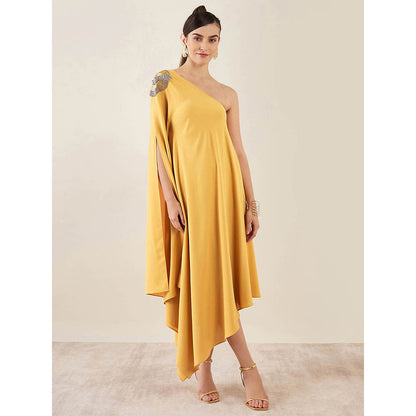 First Resort by Ramola Bachchan Mustard One-Shoulder Crystal Embroidered Dress