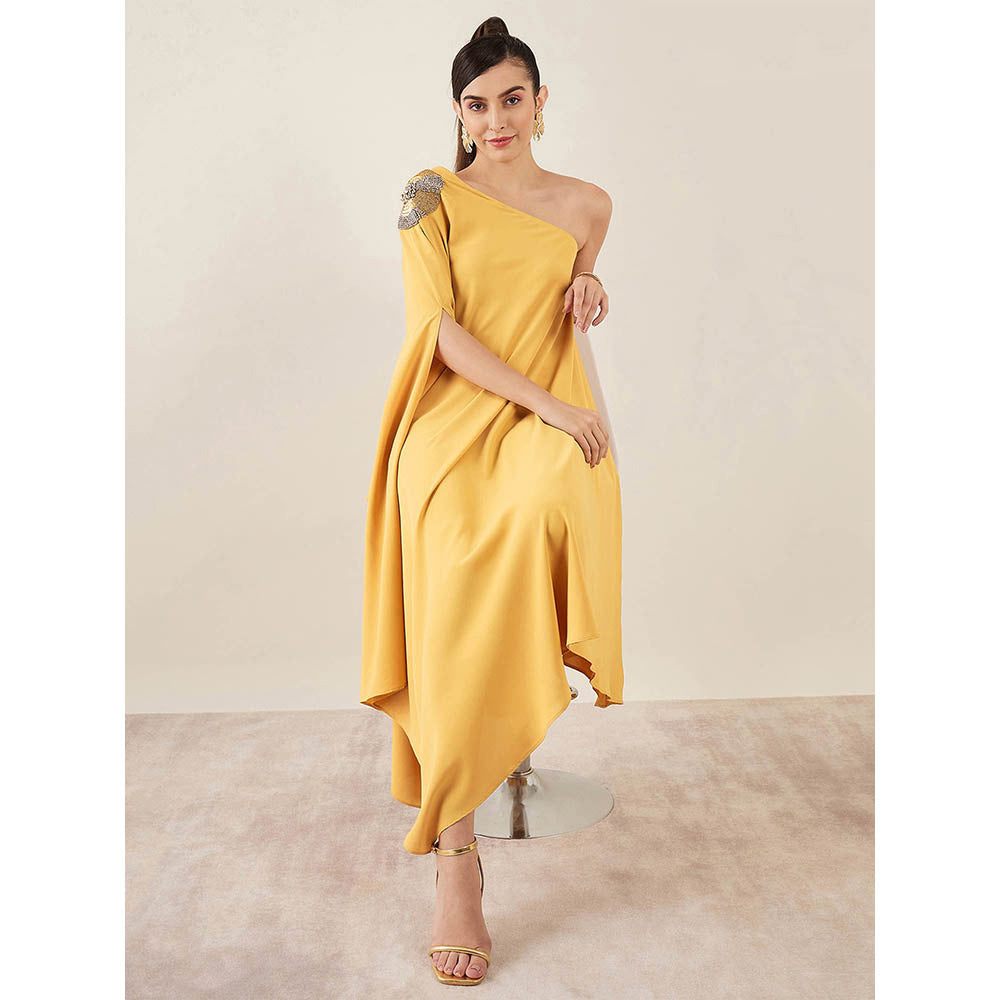 First Resort by Ramola Bachchan Mustard One-Shoulder Crystal Embroidered Dress